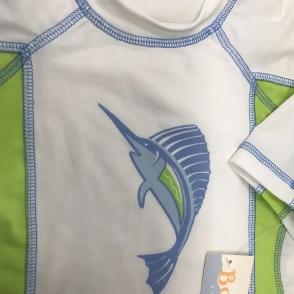 Bobby Mack Boys White, Blue, Green Short-Sleeve Rashguard Marlin Fish Print